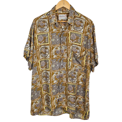 Avenue Shirtmaker Tan and Yellow Retro Floral Tile Print Short-sleeved Shirt