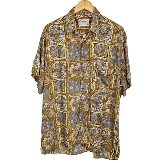 Avenue Shirtmaker Tan and Yellow Retro Floral Tile Print Short-sleeved Shirt