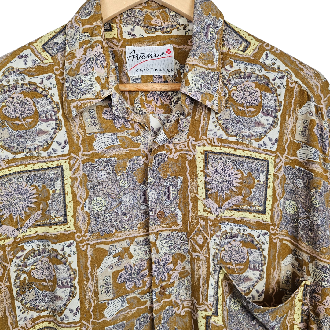 Avenue Shirtmaker Tan and Yellow Retro Floral Tile Print Short-sleeved Shirt