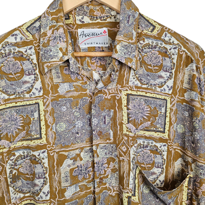 Avenue Shirtmaker Tan and Yellow Retro Floral Tile Print Short-sleeved Shirt