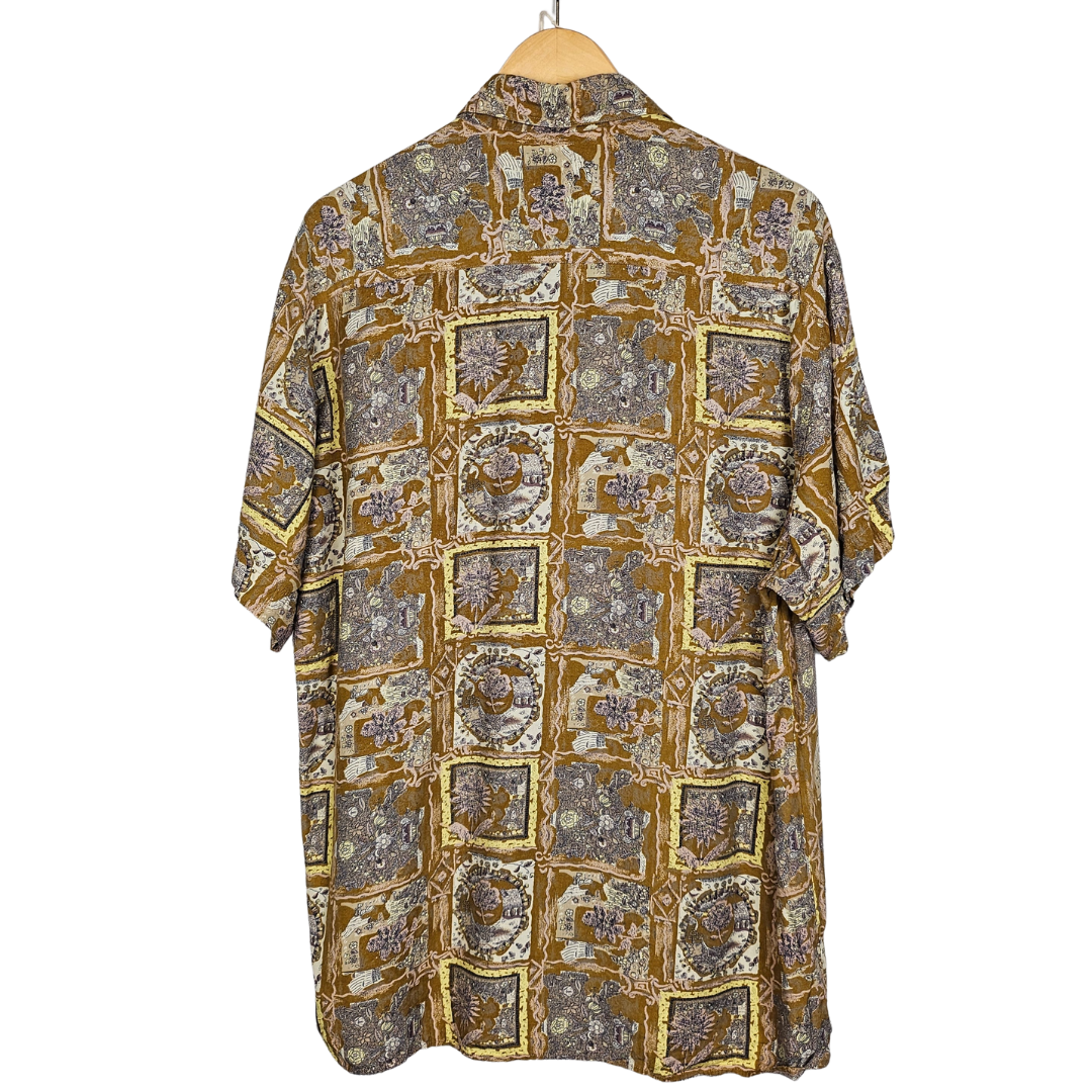 Avenue Shirtmaker Tan and Yellow Retro Floral Tile Print Short-sleeved Shirt