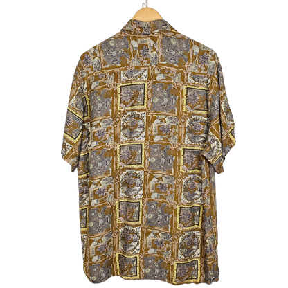 Avenue Shirtmaker Tan and Yellow Retro Floral Tile Print Short-sleeved Shirt