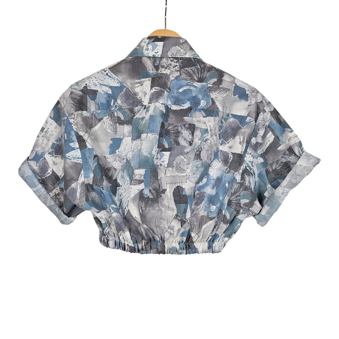 Reworked Cropped Shirt with Blue Grey Sketch Print