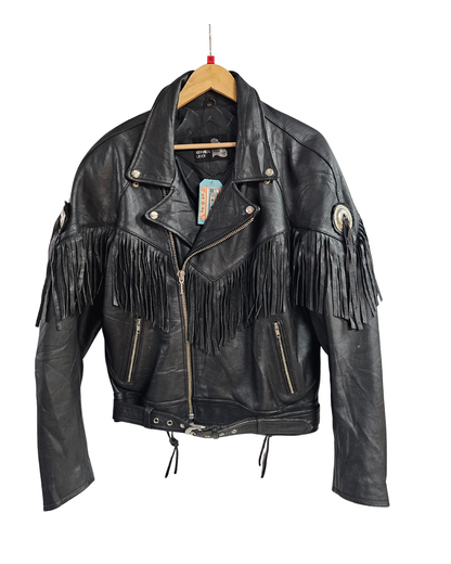 Black Leather Biker Tassel Jacket - XL