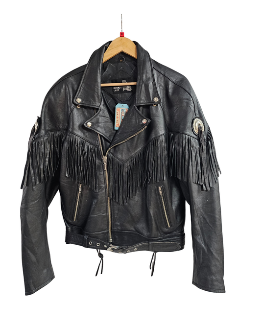 Black Leather Biker Tassel Jacket - XL