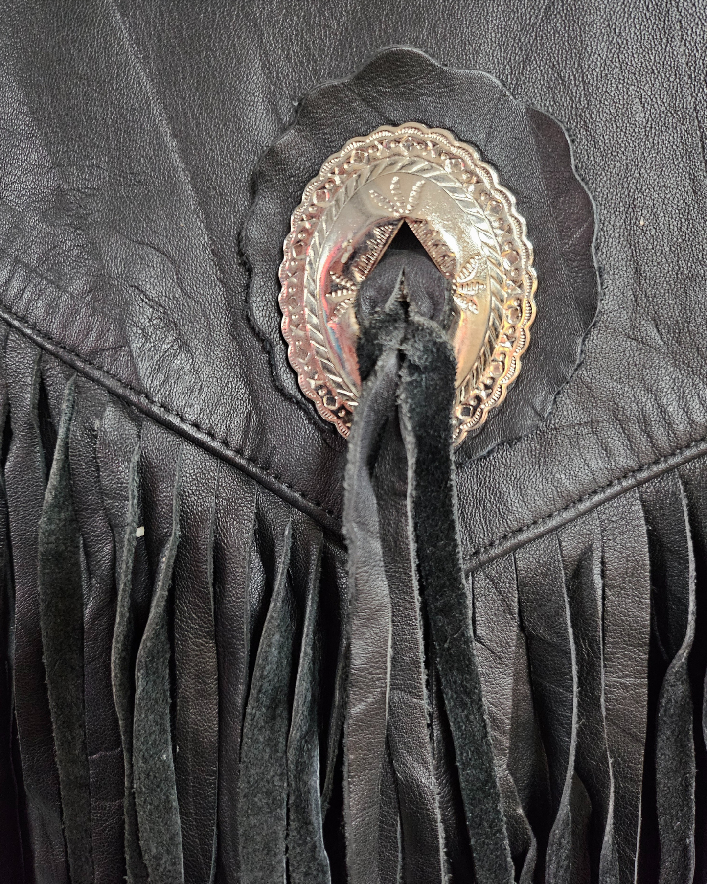 Black Leather Biker Tassel Jacket - XL