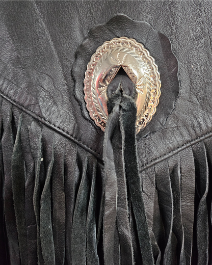 Black Leather Biker Tassel Jacket - XL