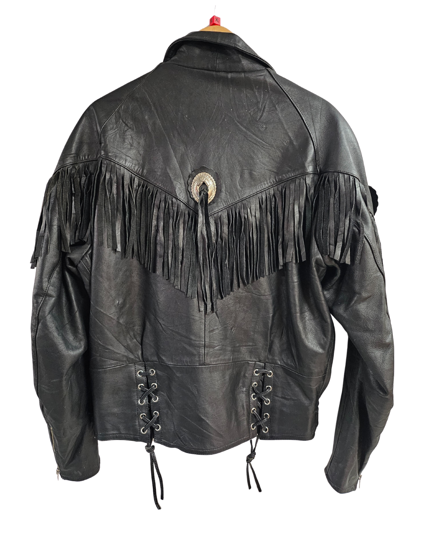 Black Leather Biker Tassel Jacket - XL