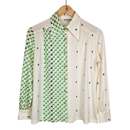 Roman Harmony Cream and Green Enamel Button Retro Shirt