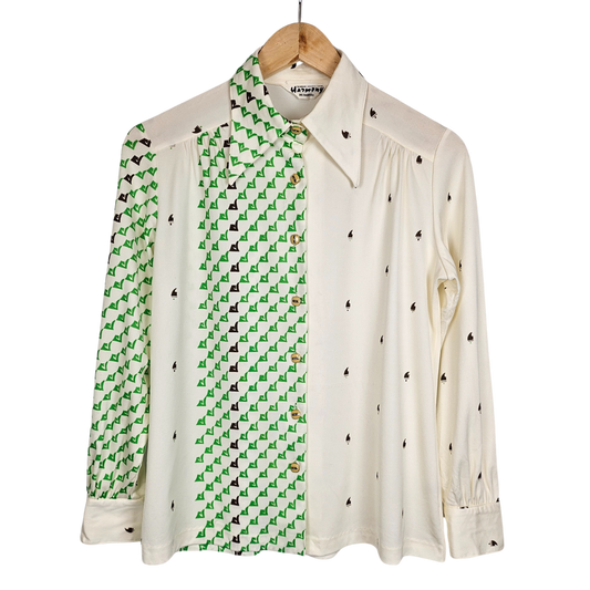 Roman Harmony Cream and Green Enamel Button Retro Shirt