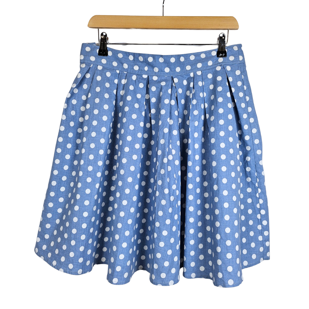 Blue Pleated White Polka Dot Skirt