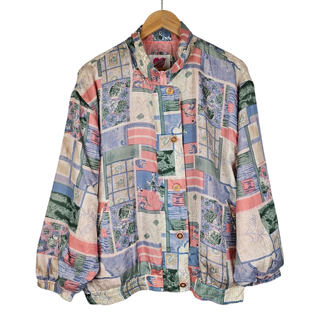 Keren Hart Garden Print Silk Bomber Retro Jacket - L