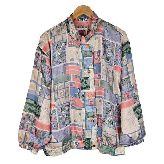 Keren Hart Garden Print Silk Bomber Retro Jacket - L