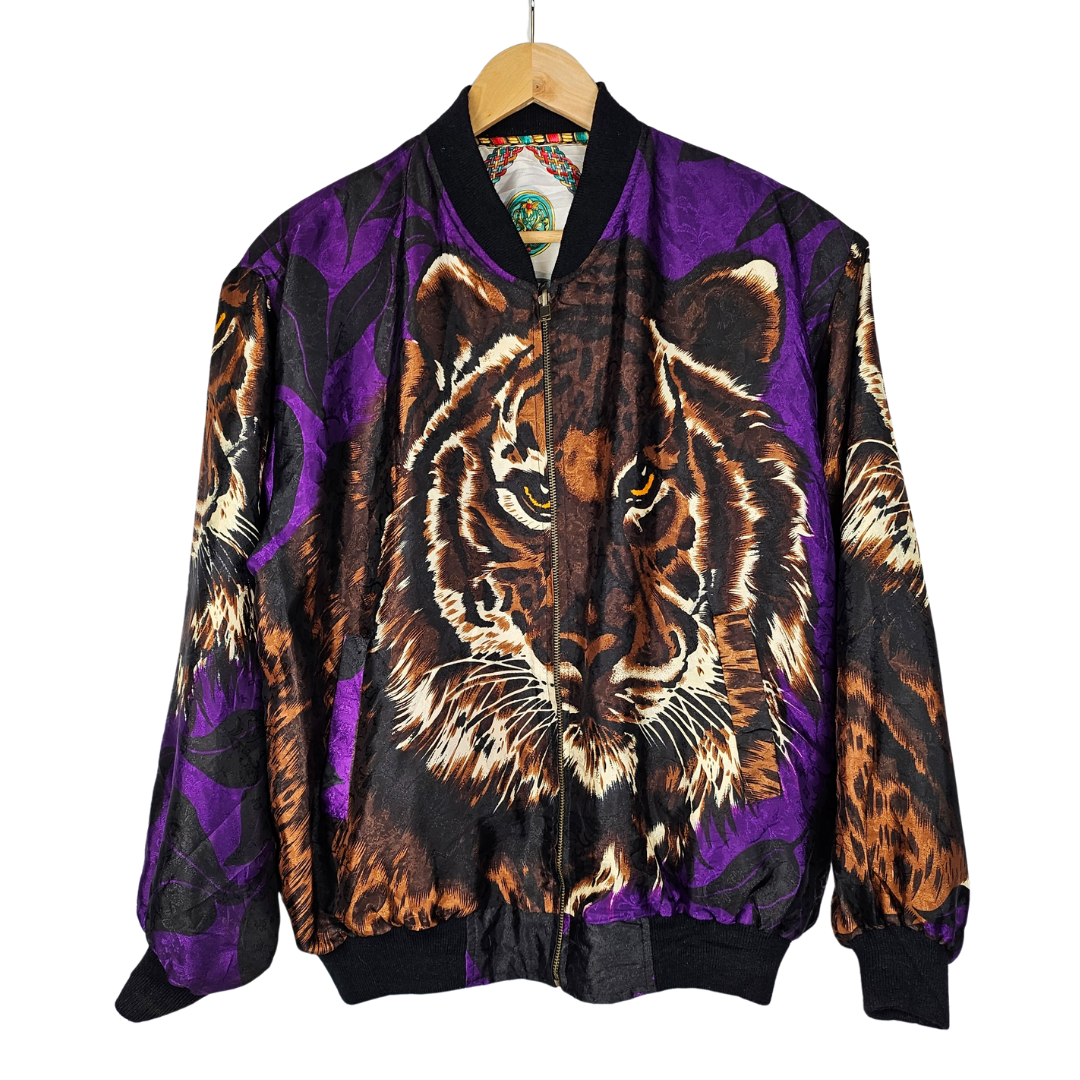 Reversible silk retro bomber jacket with Tiger Motif and Trinket Pattern - M