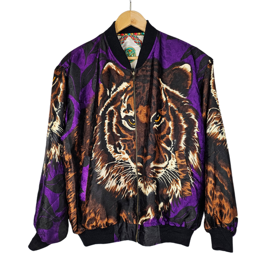 Reversible silk retro bomber jacket with Tiger Motif and Trinket Pattern - M