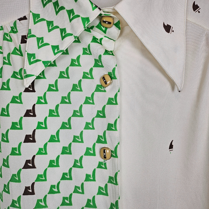 Roman Harmony Cream and Green Enamel Button Retro Shirt