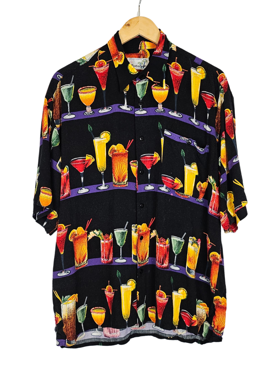 Cocktail Print Black Hawaiian Shirt - L