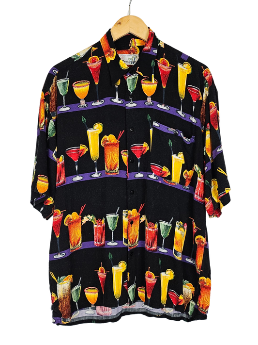 Cocktail Print Black Hawaiian Shirt - L