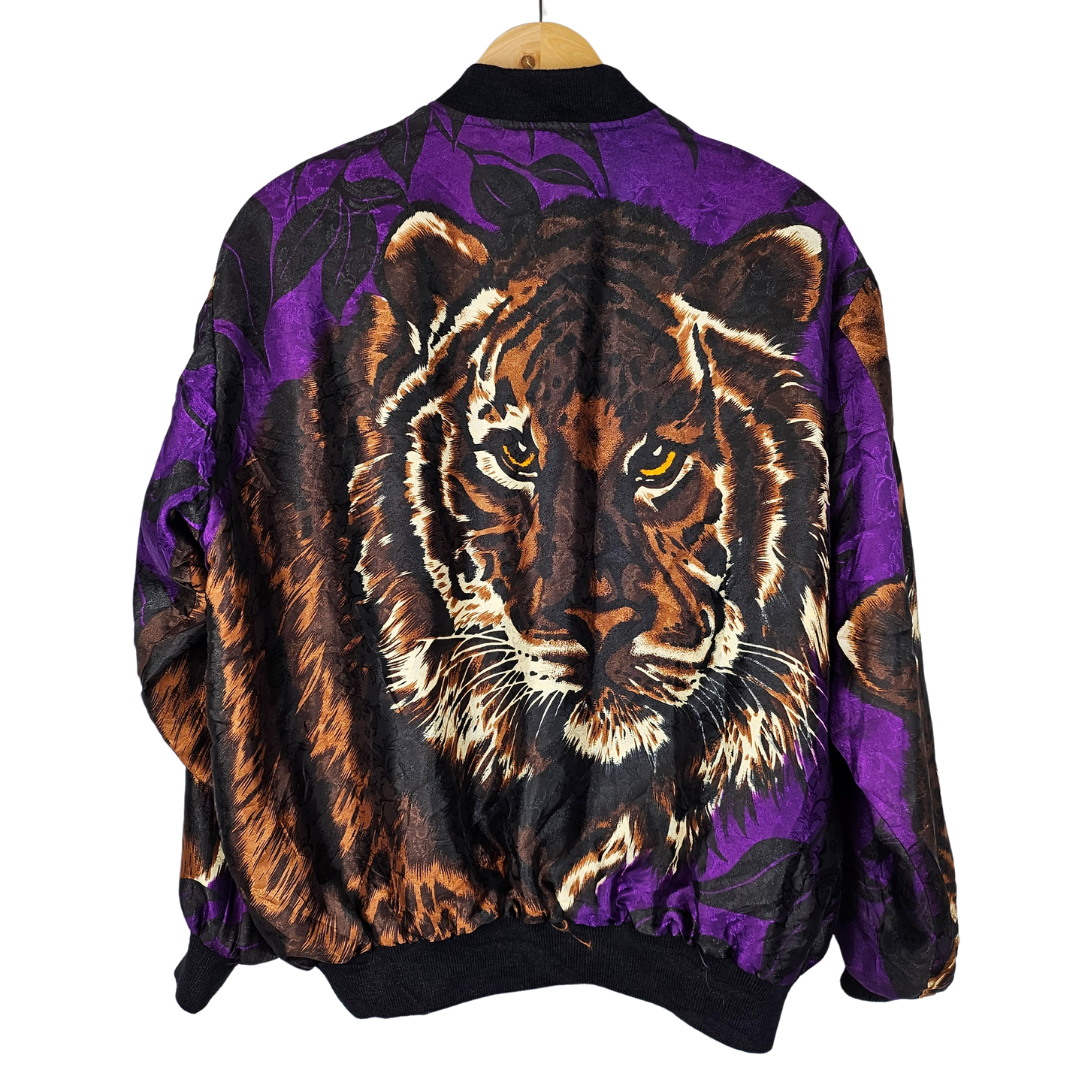 Reversible silk retro bomber jacket with Tiger Motif and Trinket Pattern - M