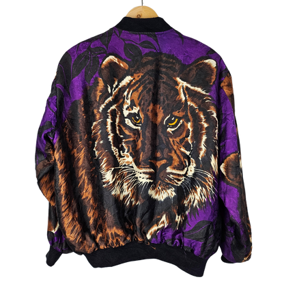 Reversible silk retro bomber jacket with Tiger Motif and Trinket Pattern - M