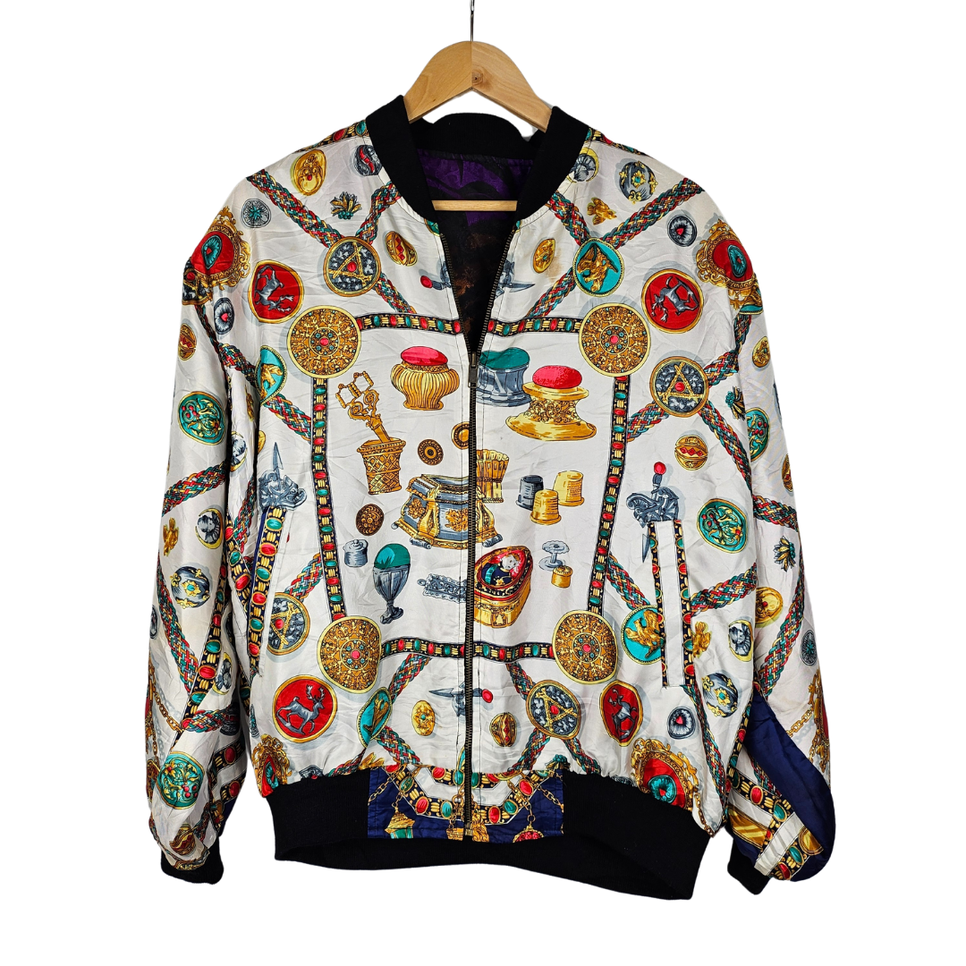 Reversible silk retro bomber jacket with Tiger Motif and Trinket Pattern - M