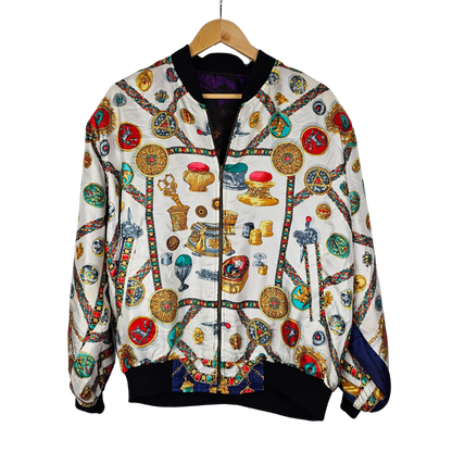 Reversible silk retro bomber jacket with Tiger Motif and Trinket Pattern - M