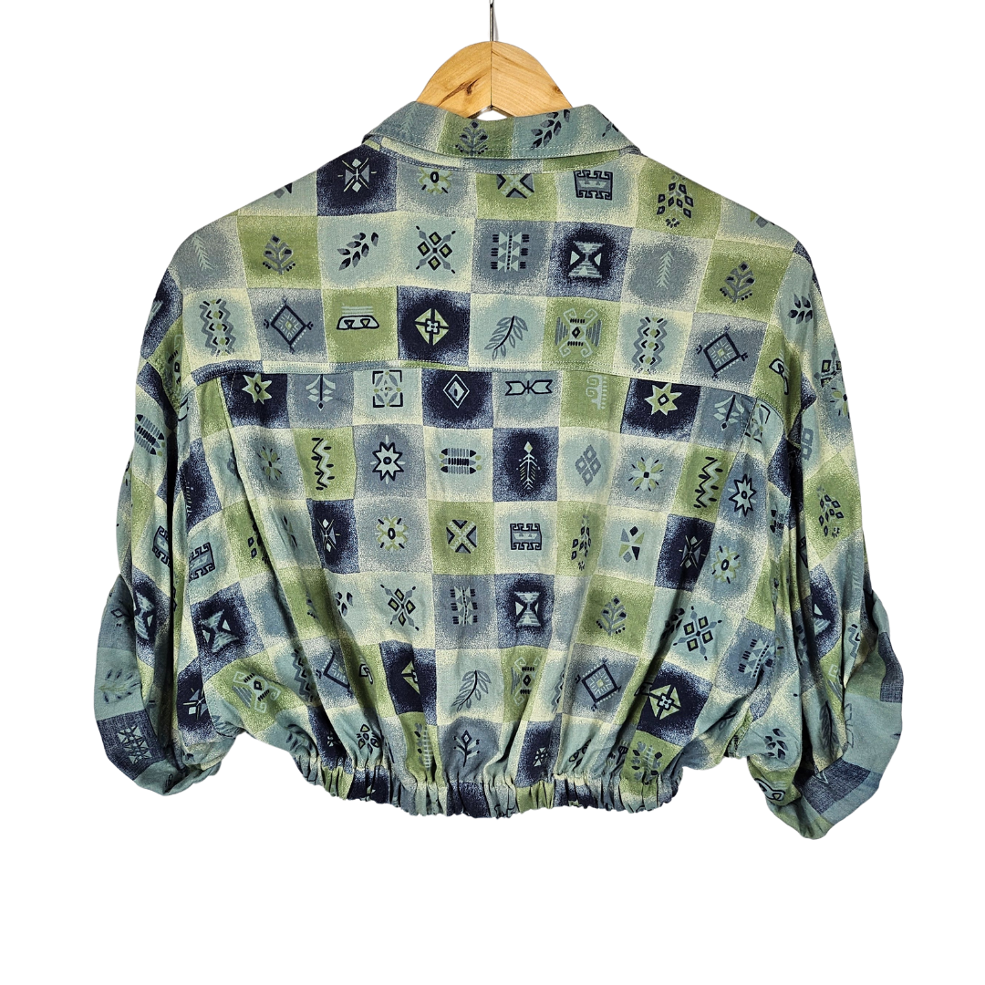 Reworked Cropped Shirt with Blue & Green Nordic Print