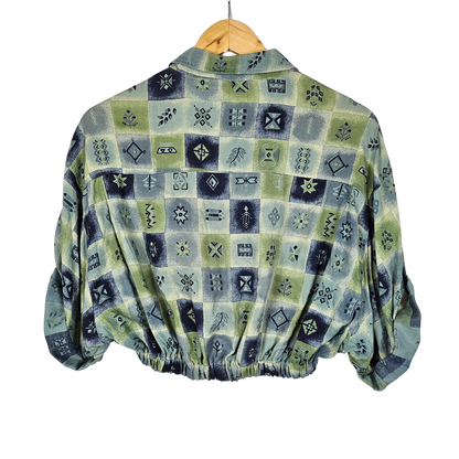 Reworked Cropped Shirt with Blue & Green Nordic Print