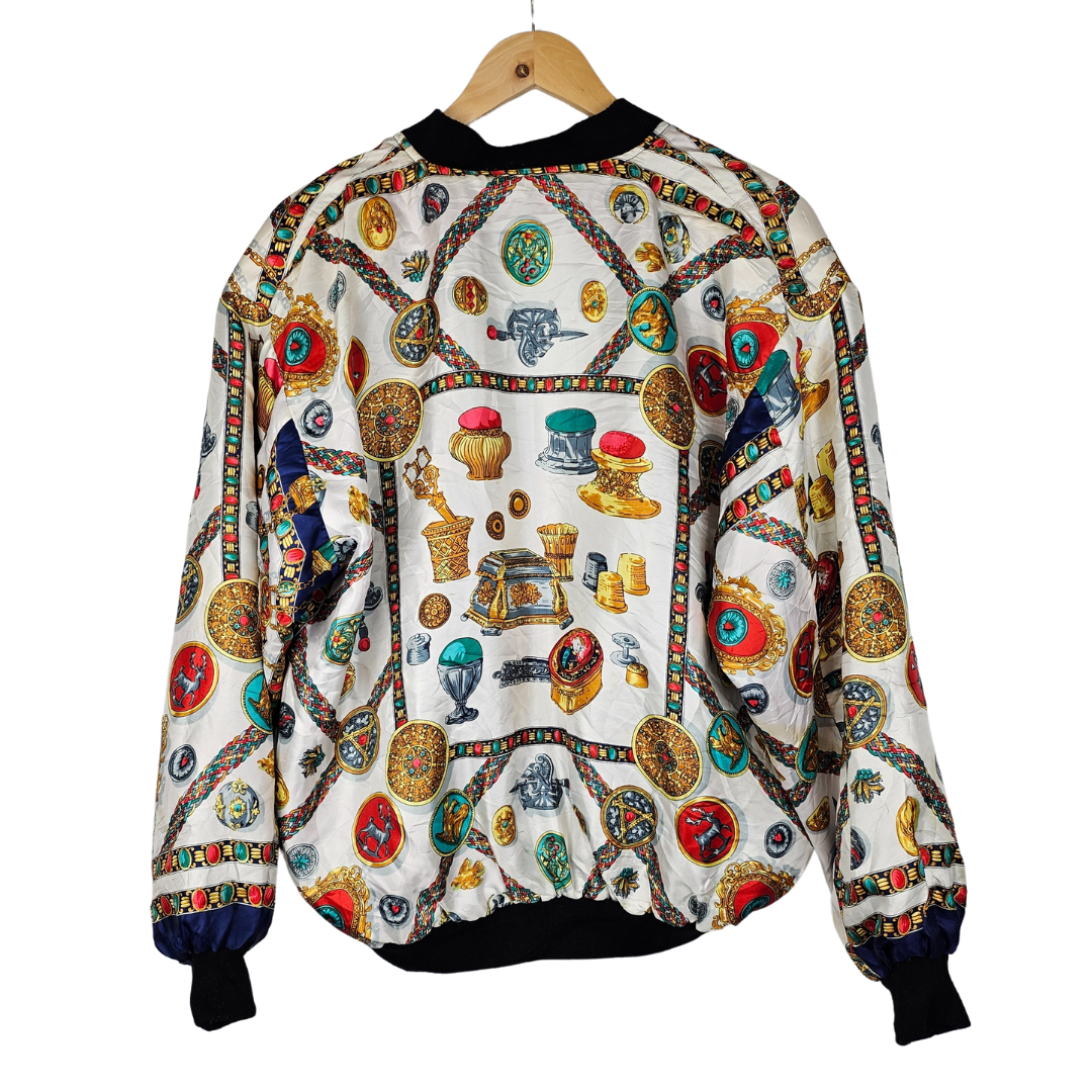 Reversible silk retro bomber jacket with Tiger Motif and Trinket Pattern - M