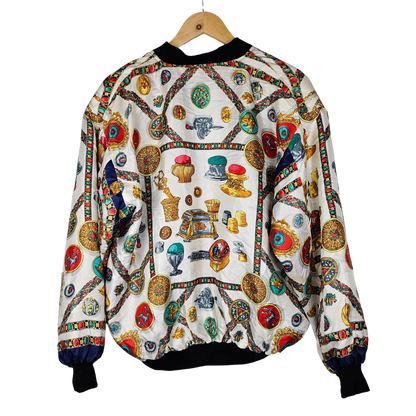 Reversible silk retro bomber jacket with Tiger Motif and Trinket Pattern - M