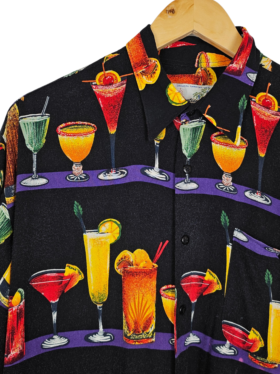 Cocktail Print Black Hawaiian Shirt - L