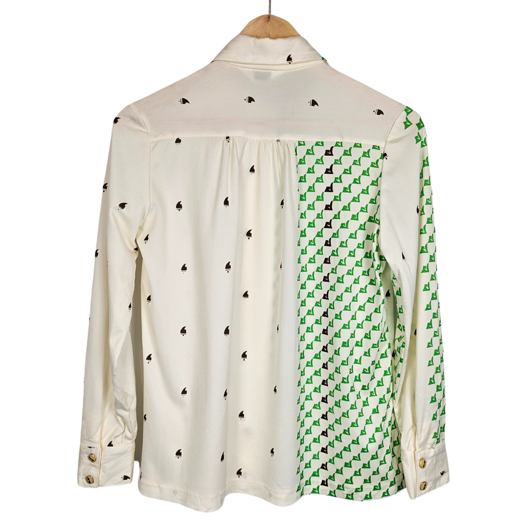 Roman Harmony Cream and Green Enamel Button Retro Shirt