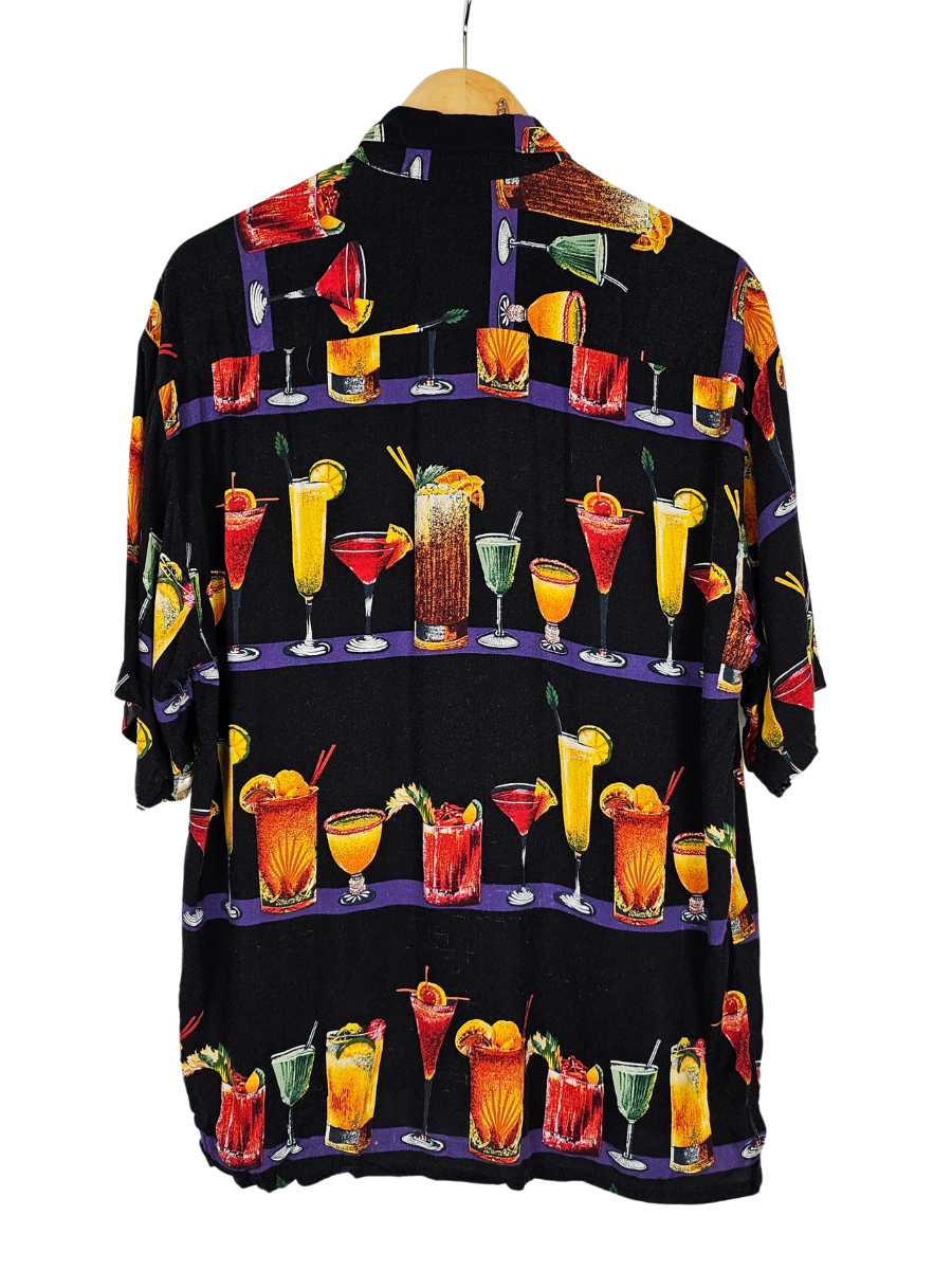 Cocktail Print Black Hawaiian Shirt - L