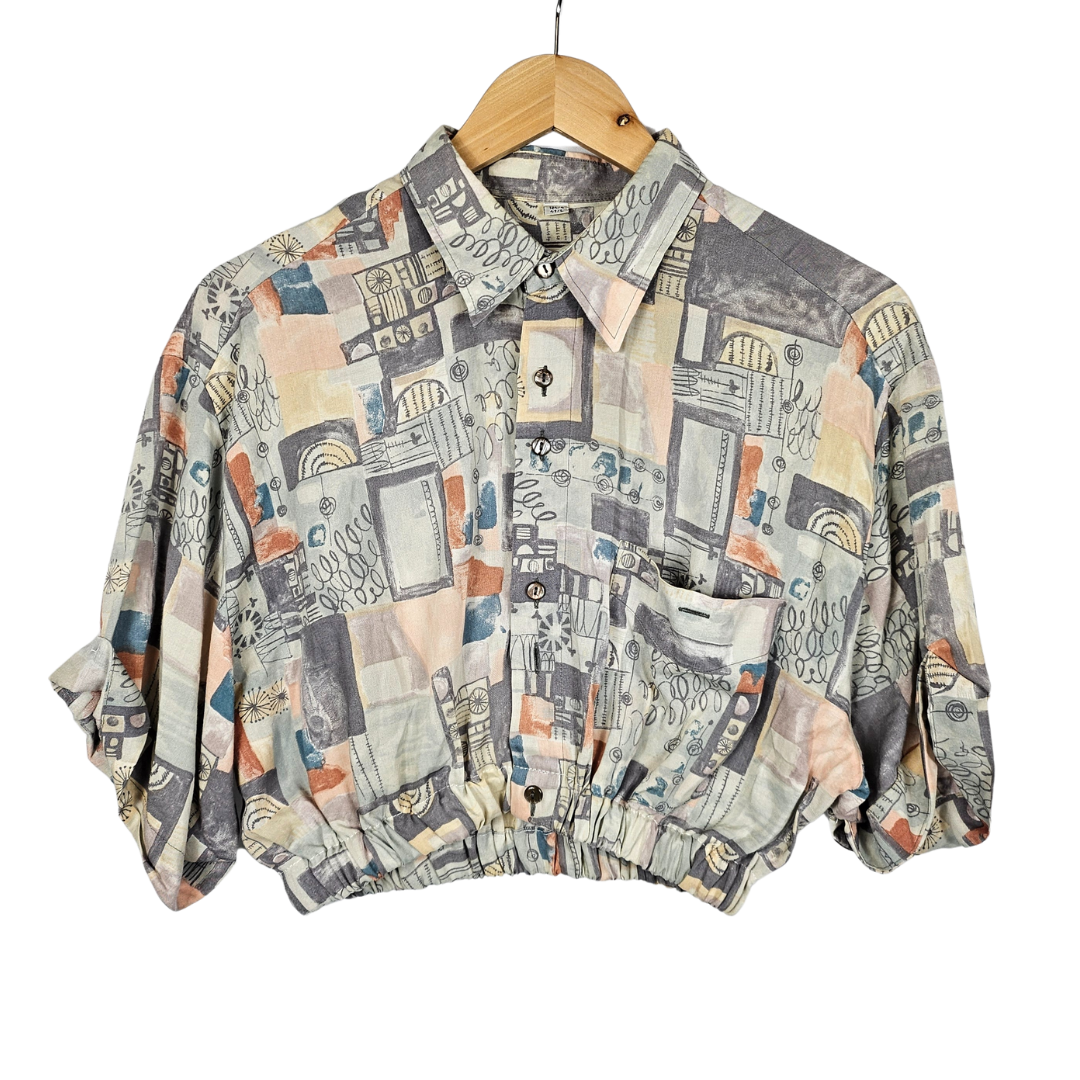 Reworked Cropped Shirt with Grey & Peach Tile Print