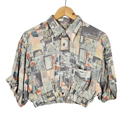 Reworked Cropped Shirt with Grey & Peach Tile Print