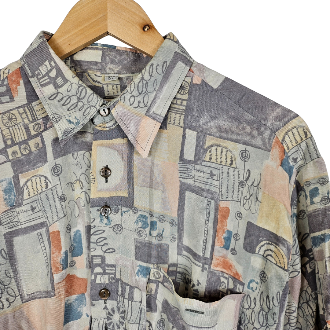 Reworked Cropped Shirt with Grey & Peach Tile Print