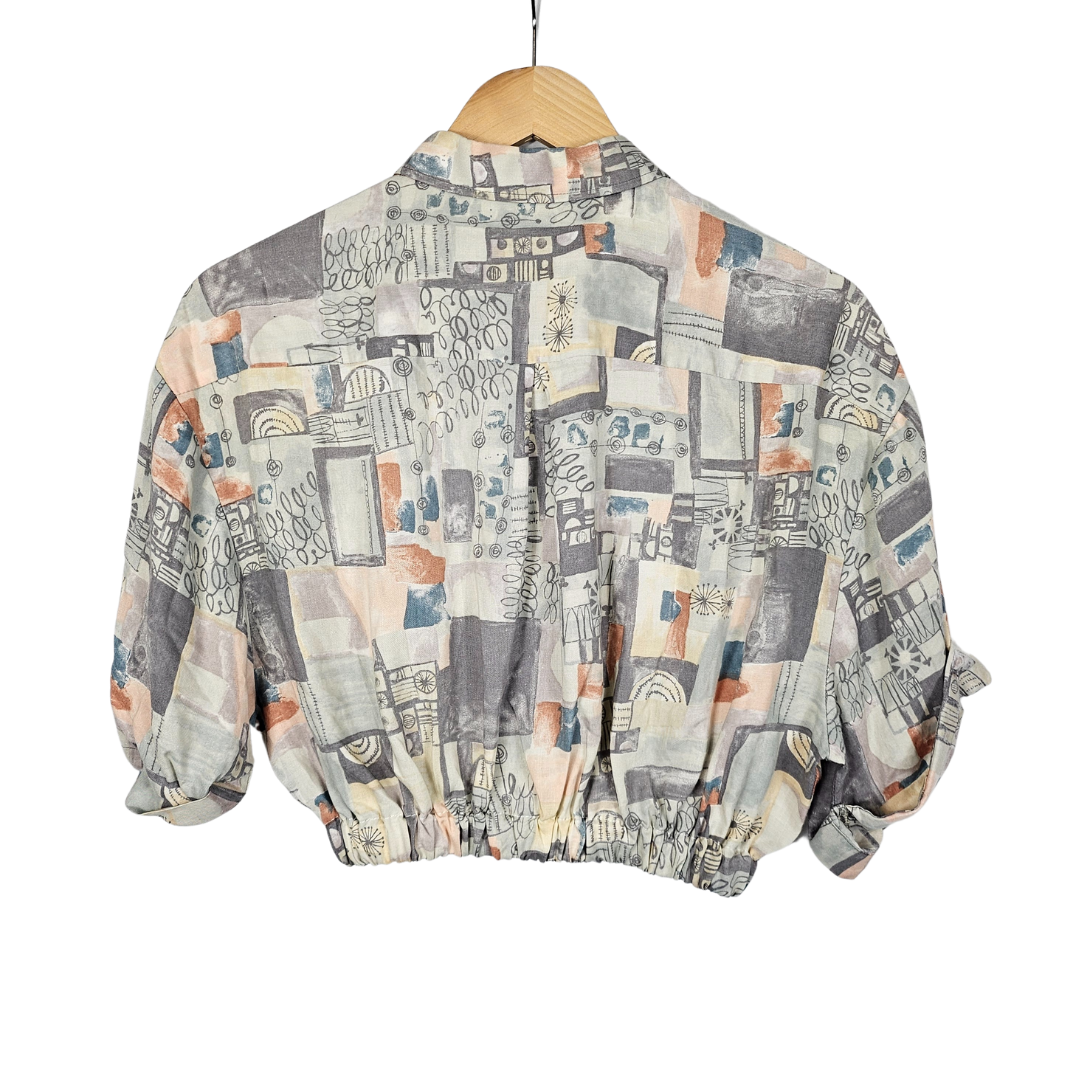 Reworked Cropped Shirt with Grey & Peach Tile Print