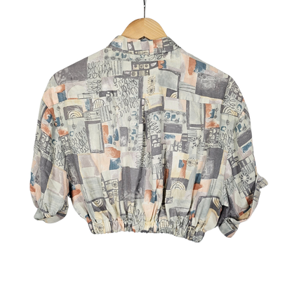 Reworked Cropped Shirt with Grey & Peach Tile Print