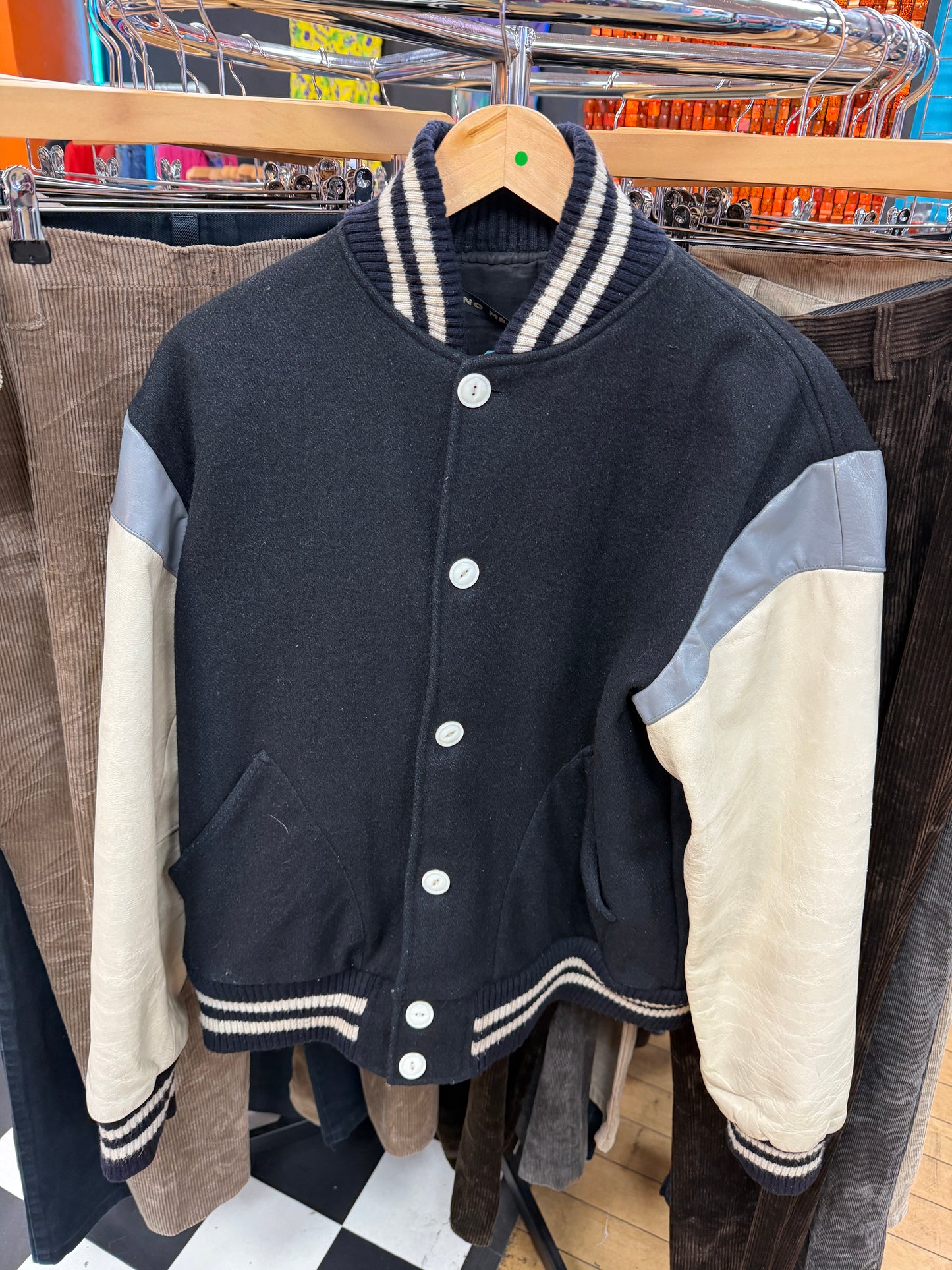 Black with Cream Sleeves Varsity Jacket - S/M