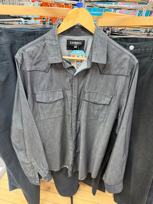Grey Long Sleeved Western Style Shirt - L
