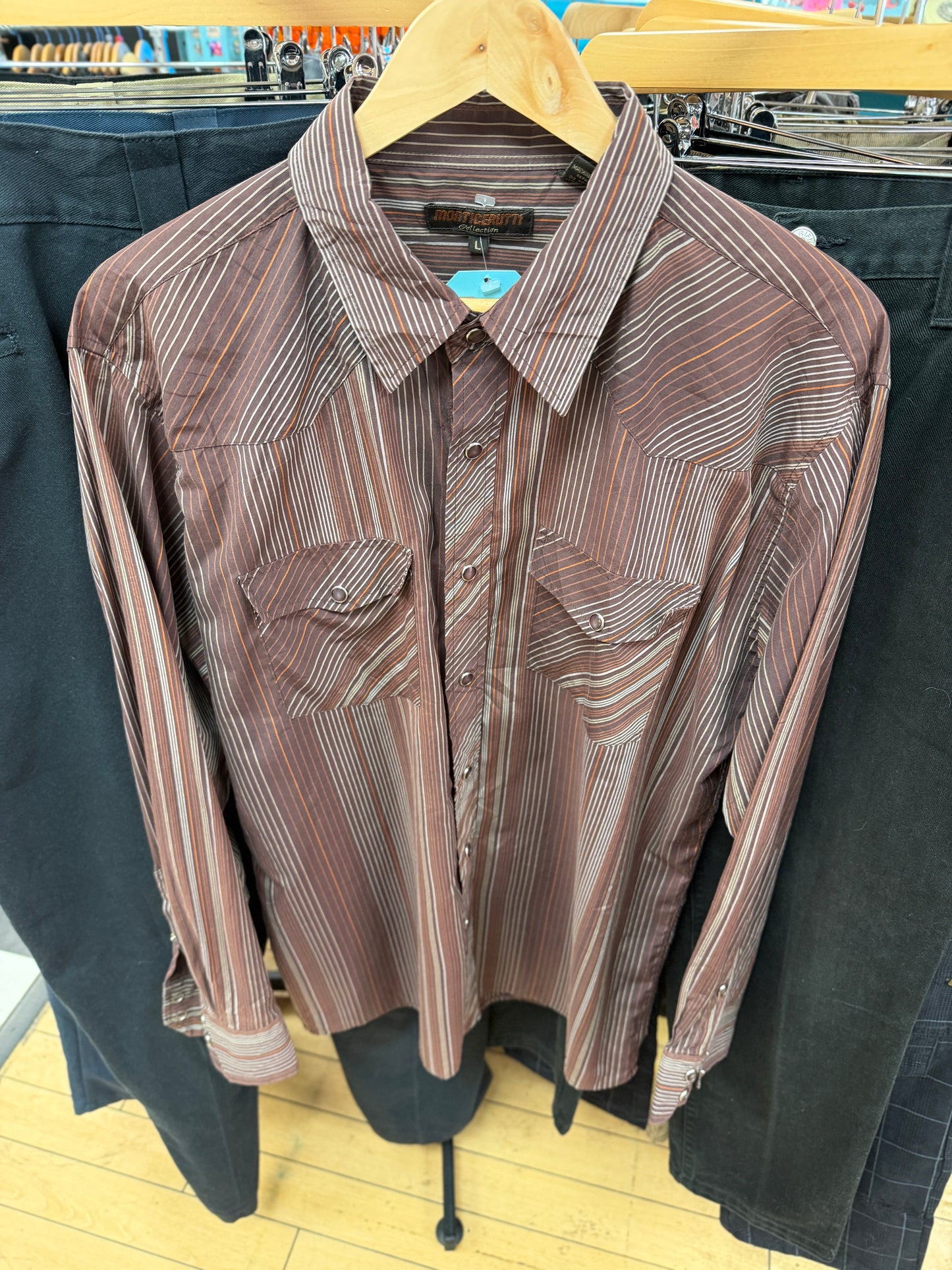 Brown Striped Western Shirt - L