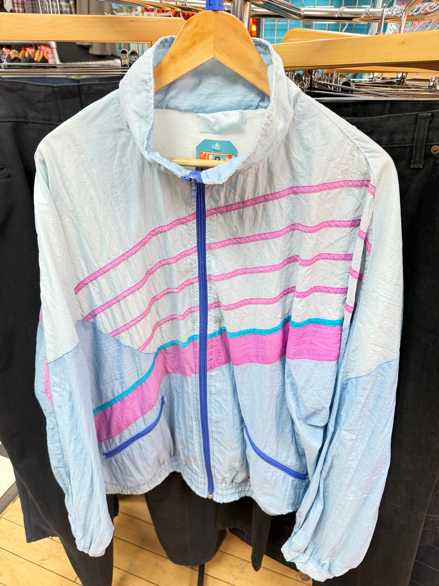 Sky Blue and Pink Stripe 80's Track Jacket - L