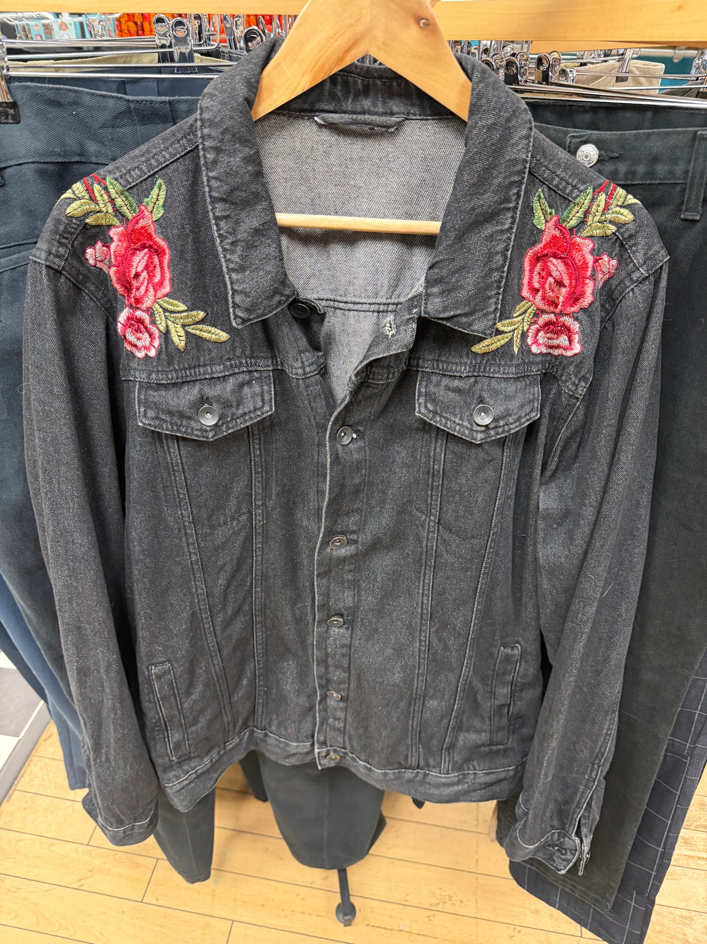 Black Denim Jacket with Roses - L/XL