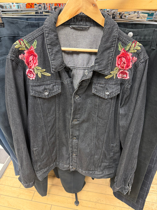 Black Denim Jacket with Roses - L/XL