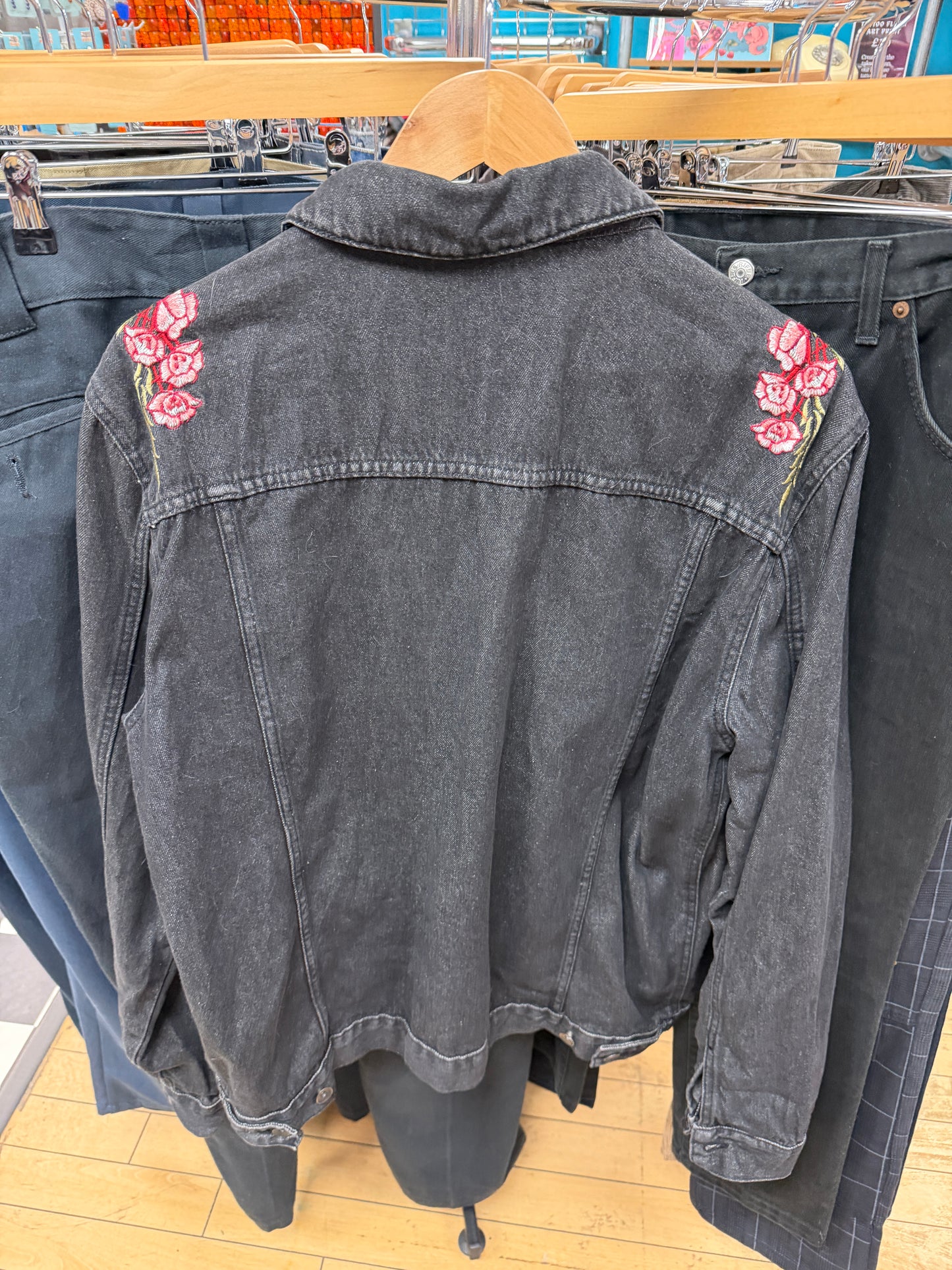 Black Denim Jacket with Roses - L/XL