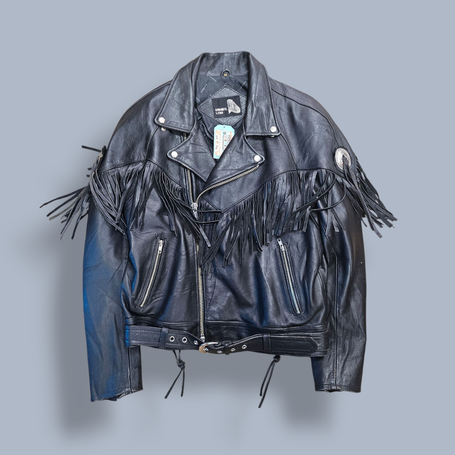 Black Leather Biker Tassel Jacket - XL