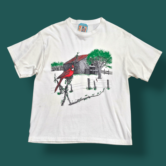 White Barn and Red Bird Print tee - S