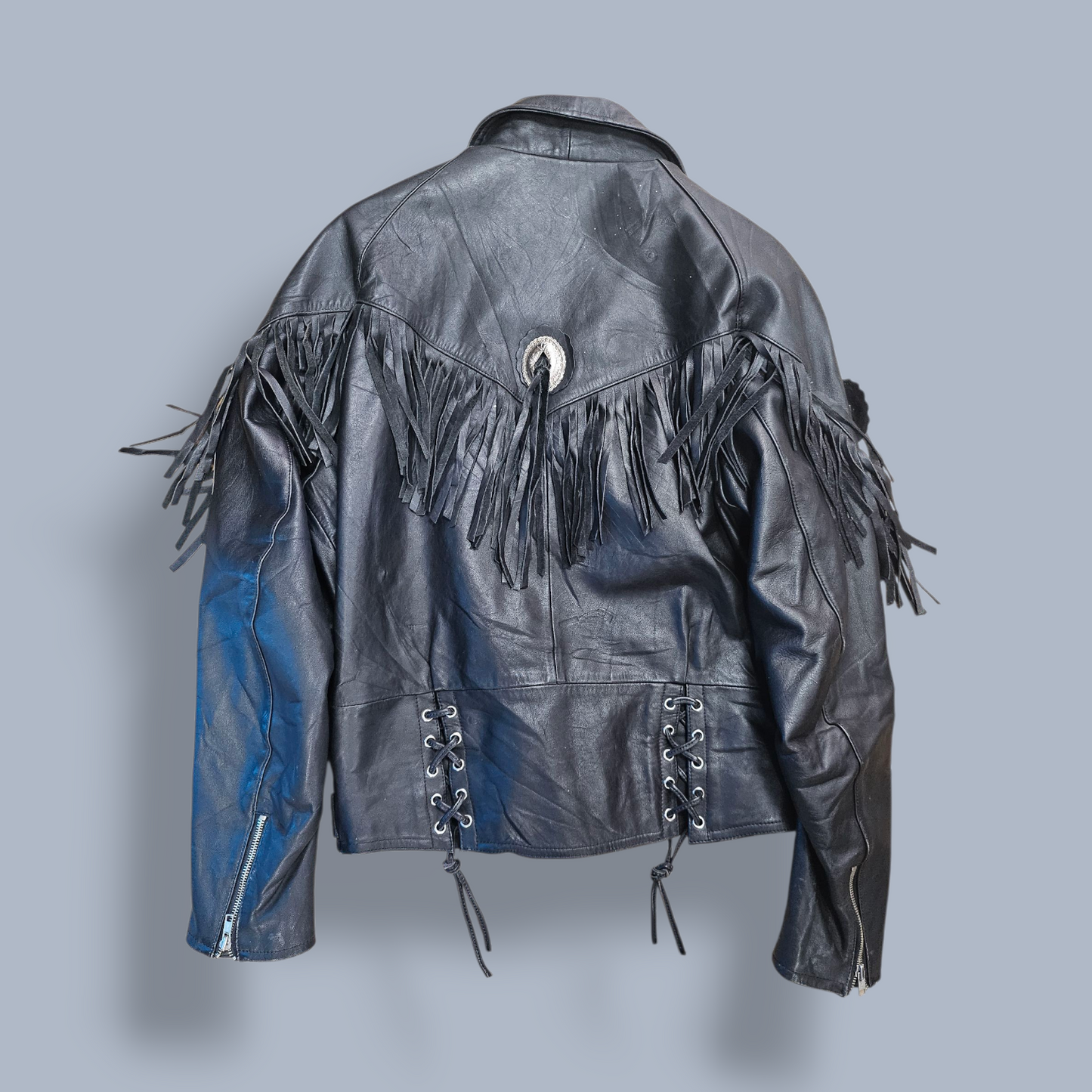 Black Leather Biker Tassel Jacket - XL